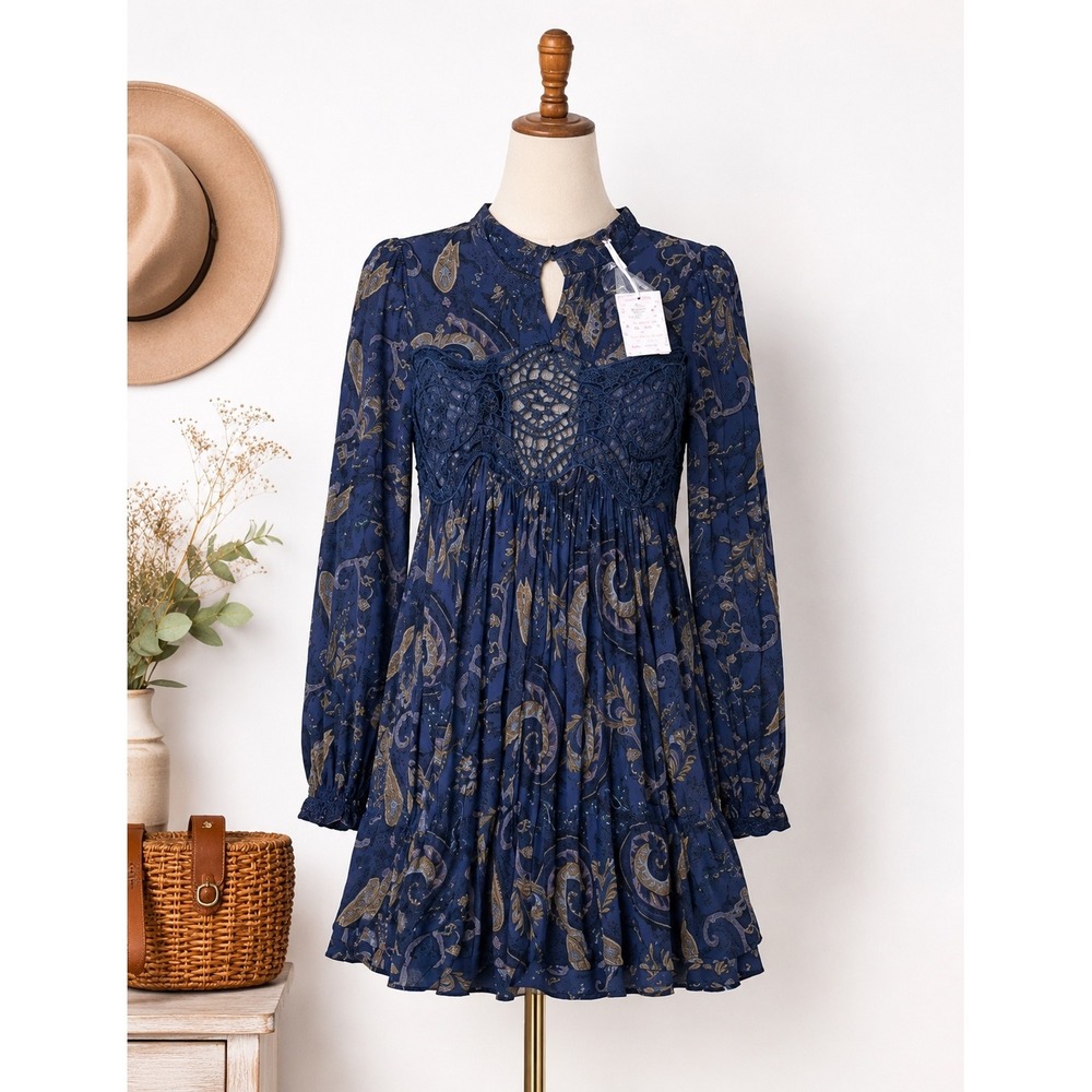 Free People Sweet Thing Blue Paisley Lace Babydoll Mini Dress Cottagecore Boho S